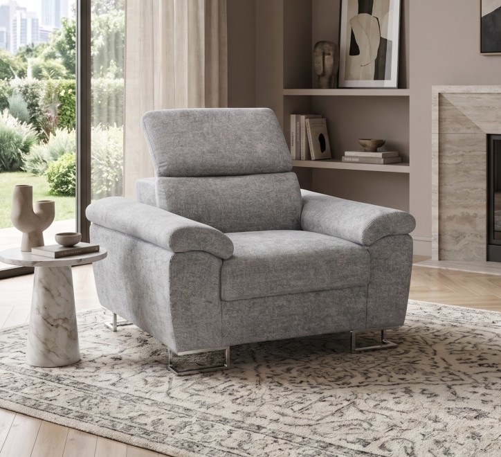 grey fabric armchair ornate chrome feet