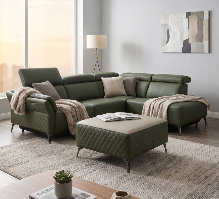 green leather corner suite and ottoman footstool