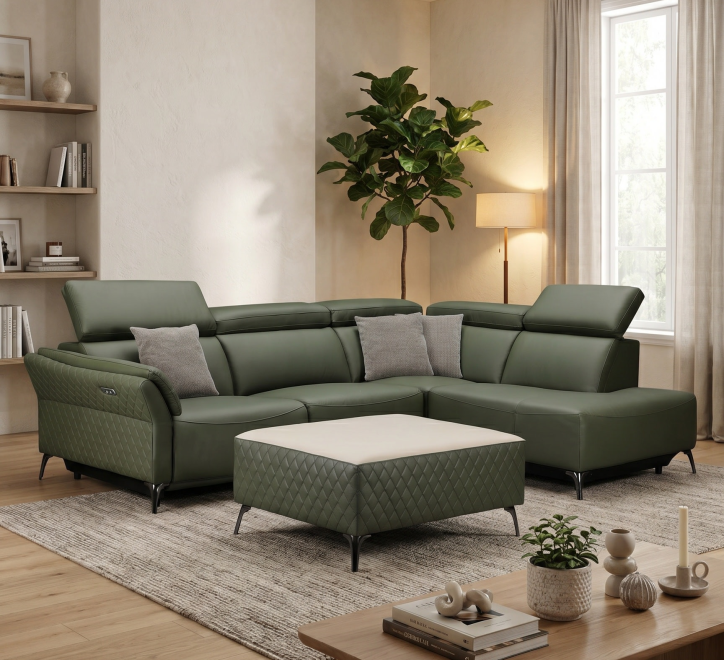 green leather corner suite and ottoman footstool