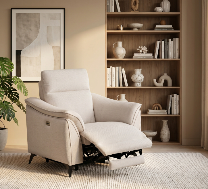 white fabric recliner armchair