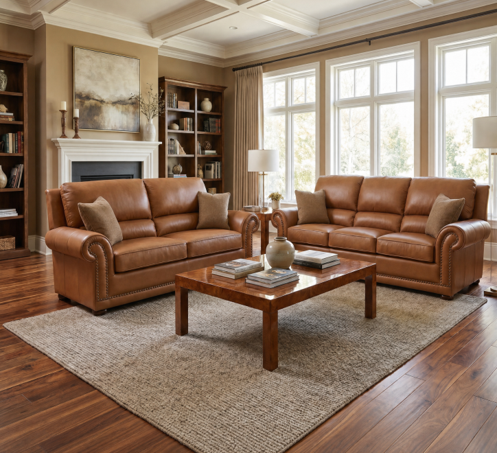2 seater and 3 seater light brown leather sofas