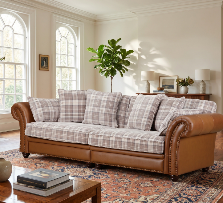 light brown leather 4 seater sofa with tartan fabric cushions