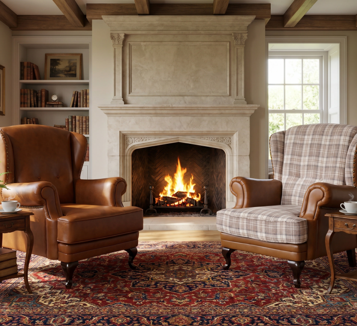light brown leather and fabric fireside wingchairs
