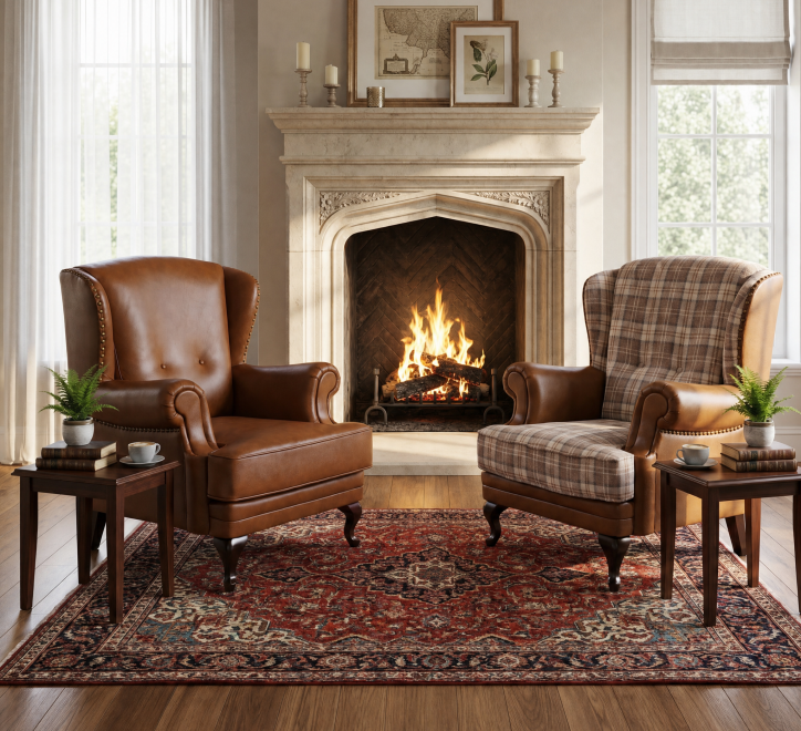 brown leather and fabric fireside wingchairs