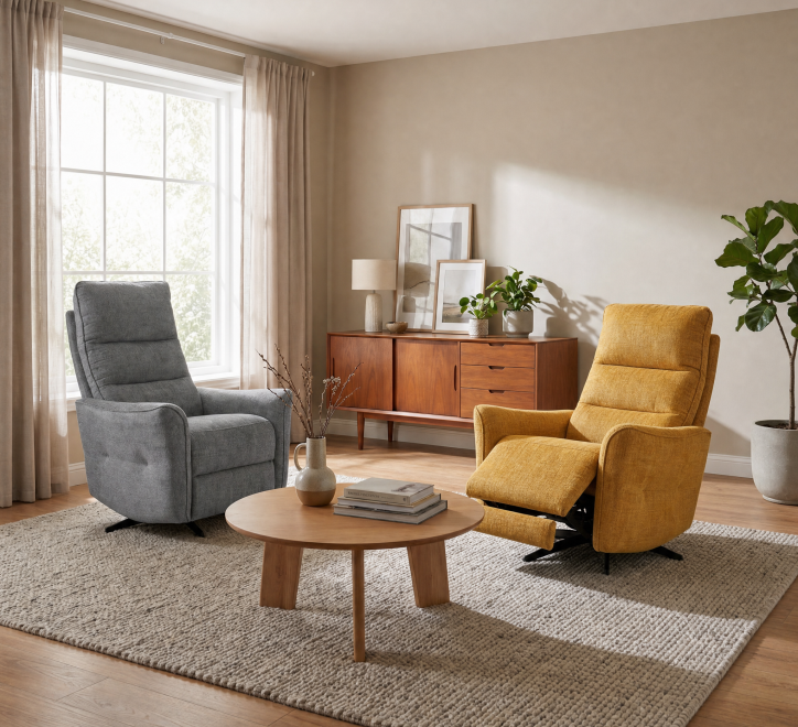 grey and mustard fabric swivel recliner armchairs
