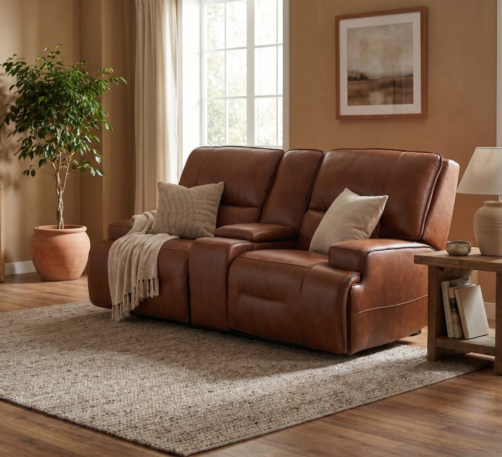 dark brown leather 2 seater sofa with storage console