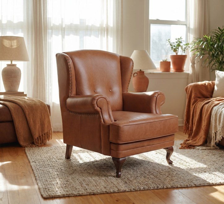 brown leather fireside wingchair
