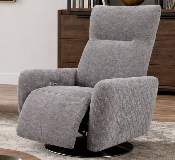 grey fabric swivel recliner armchair
