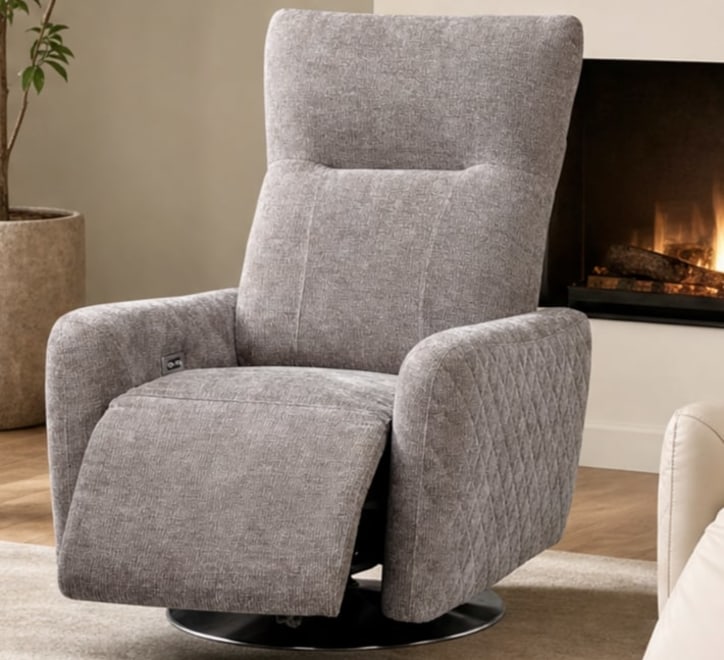 grey fabric swivel recliner armchair