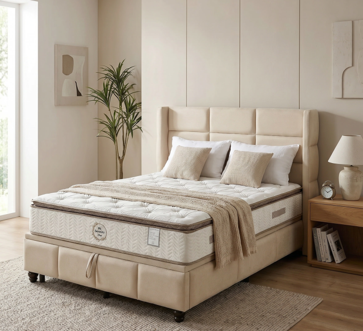 beige fabric storage bed