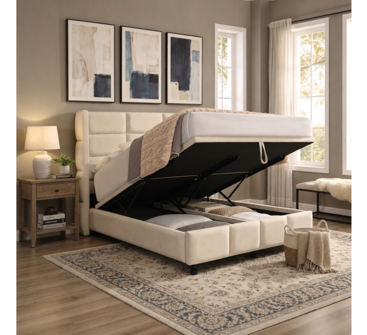 beige fabric gaslift storage bed