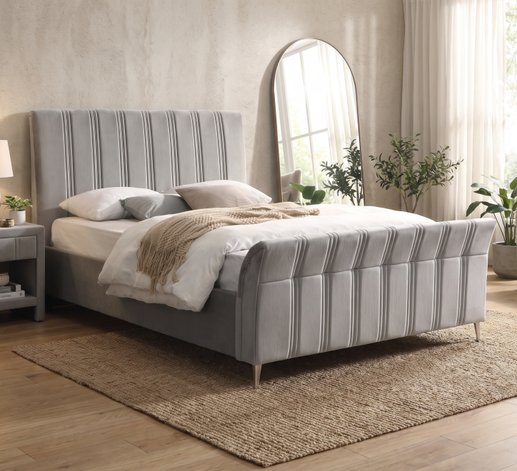 grey fabric bed lined headboard and footboard design chrome feet