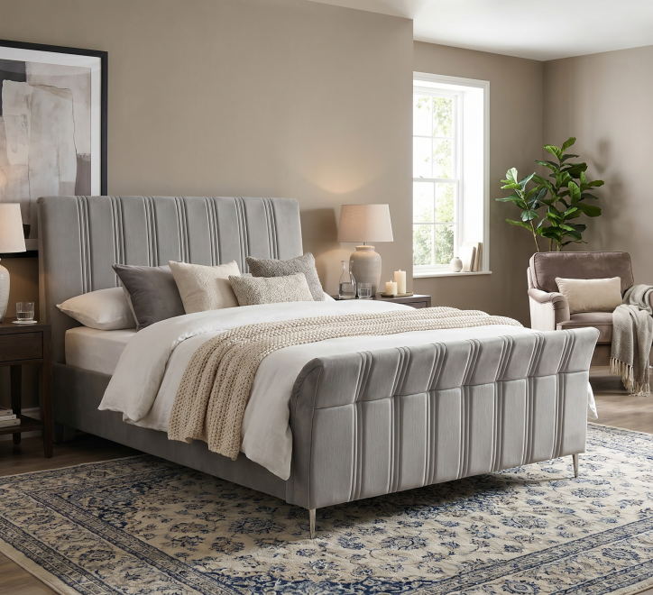 grey fabric bed lined headboard and footboard design chrome feet