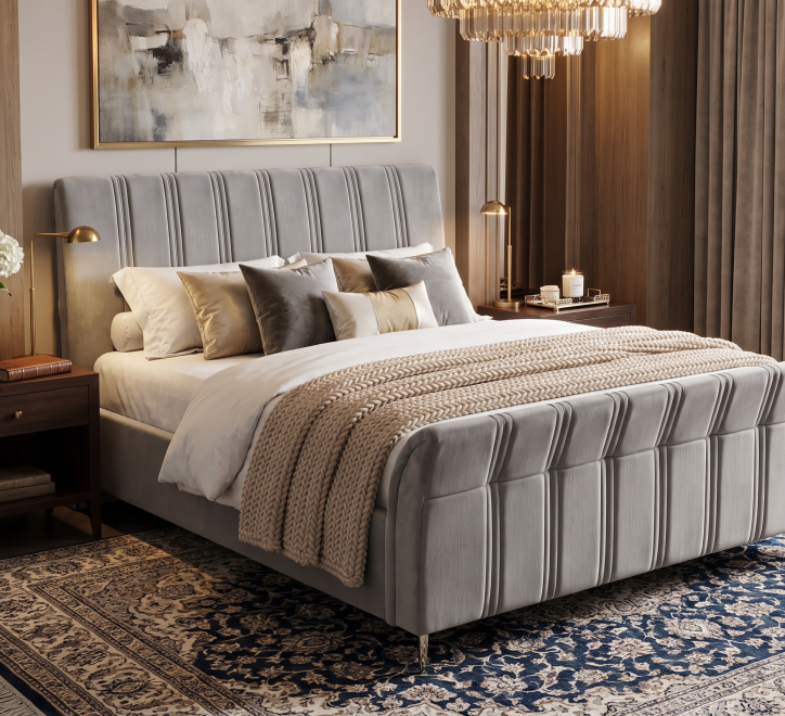 grey fabric bed lined headboard and footboard design chrome feet