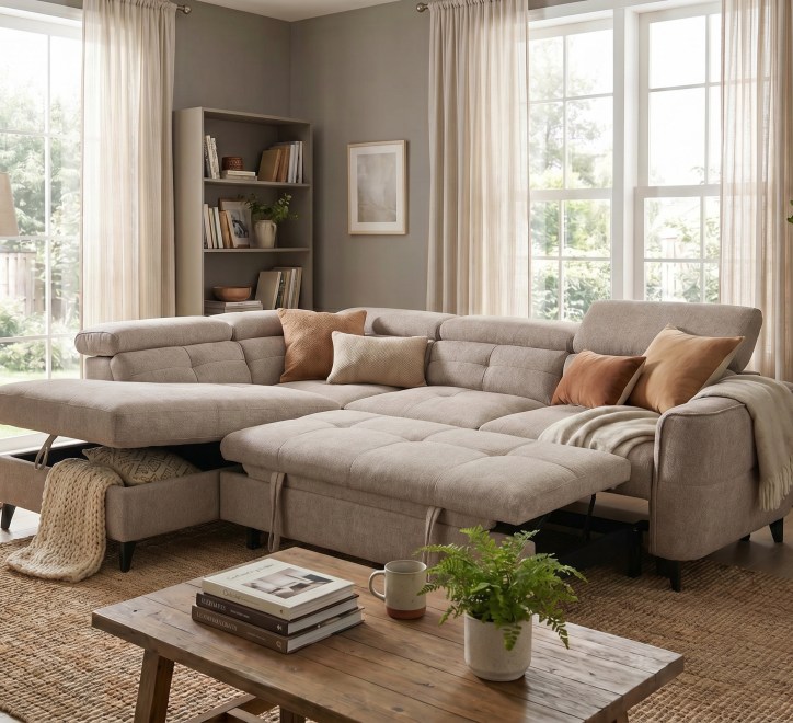 brown beige fabric corner sofabed