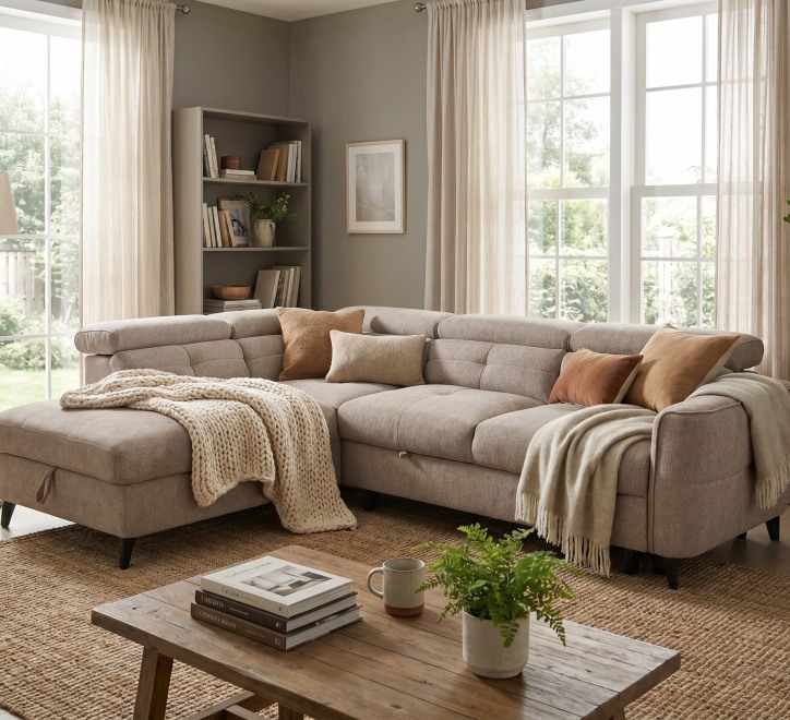 brown beige fabric corner suite