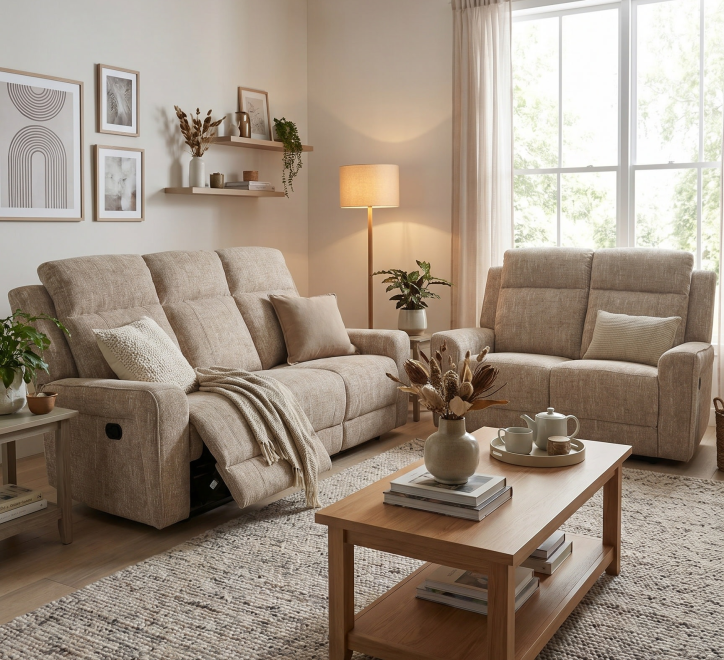 beige fabric recliner suite