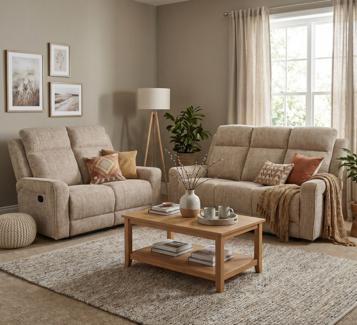 beige fabric 2 seater and 3 seater sofa