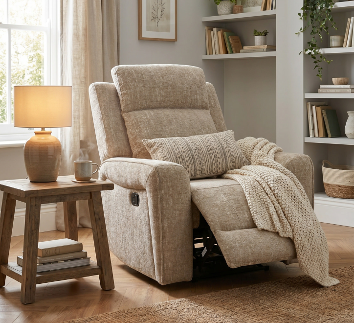 beige fabric recliner armchair