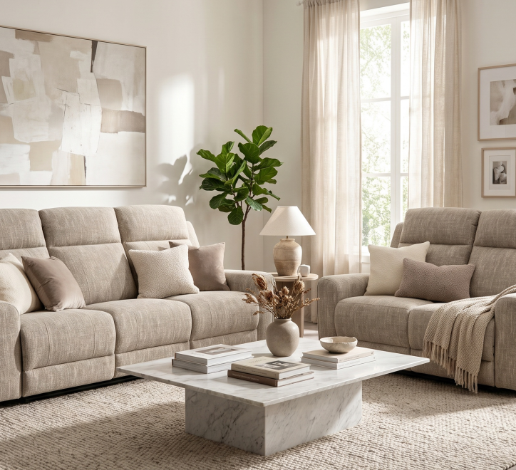 beige fabric 3 seater and 2 seater sofa