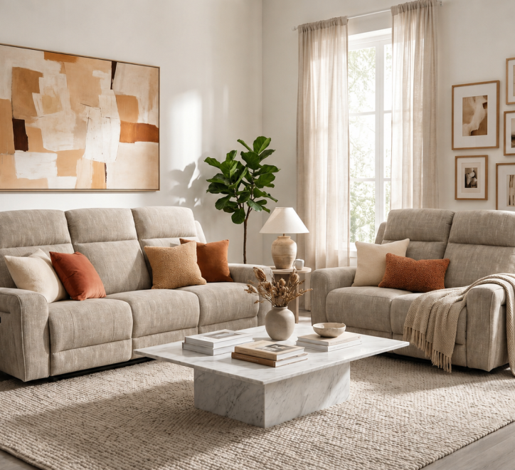 beige fabric 3 seater and 2 seater sofa