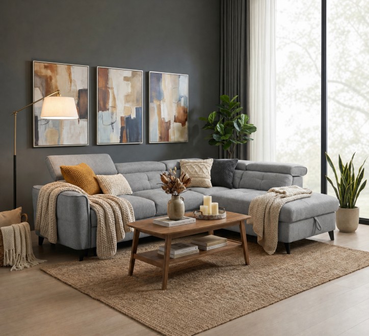 grey fabric corner sofa with adjustable headrests