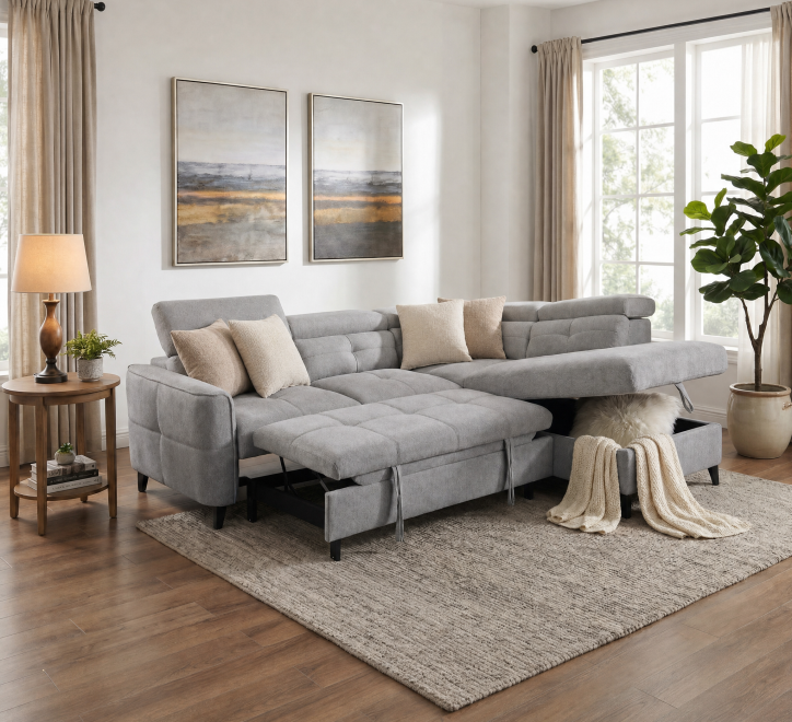 grey fabric corner sofabed with storage box