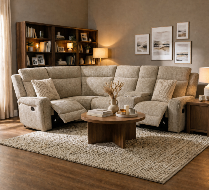 beige fabric corner recliner sofa