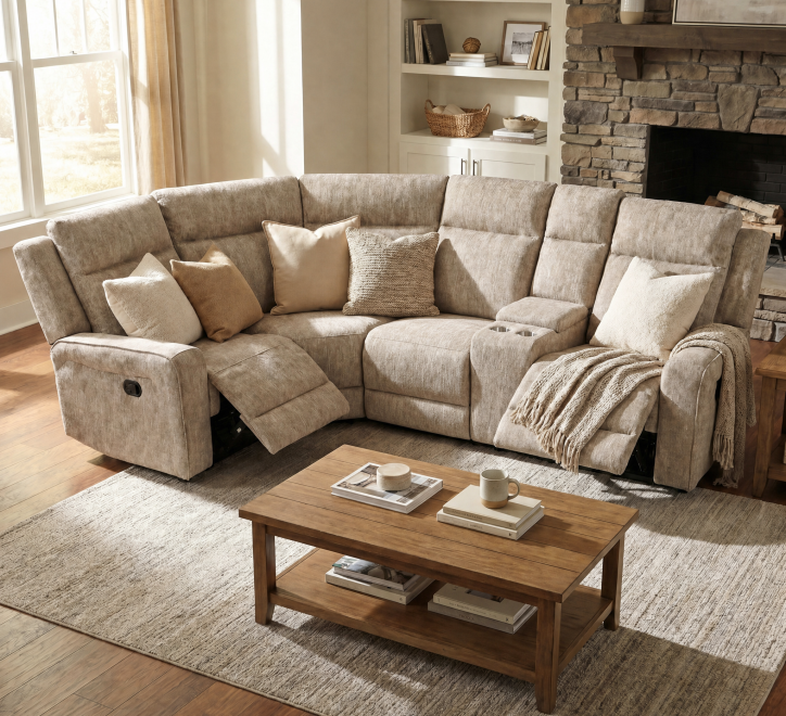 beige fabric corner recliner sofa