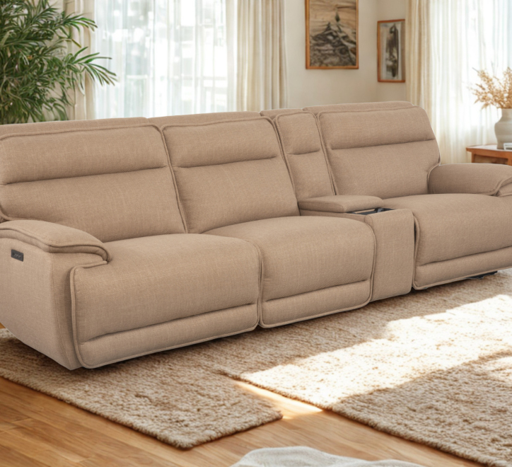 beige fabric 3 seater with console