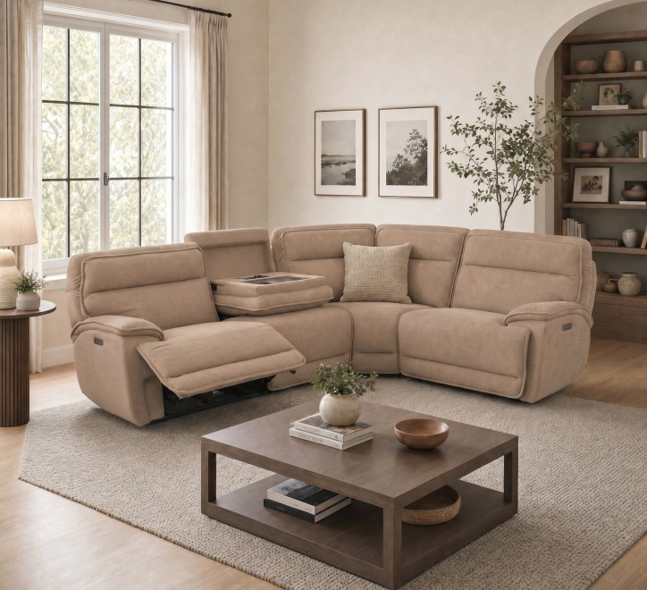 beige fabric corner sofa with flip top charger and cup holders