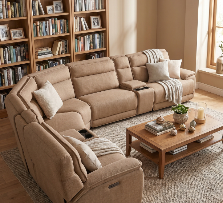 beige fabric corner sofa with cup holder storage console