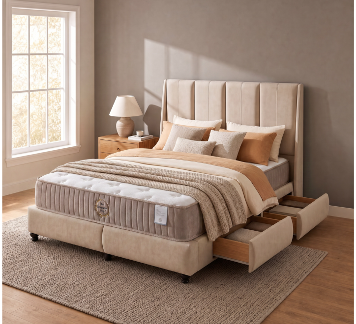tencel mattress on beige fabric drawer bed