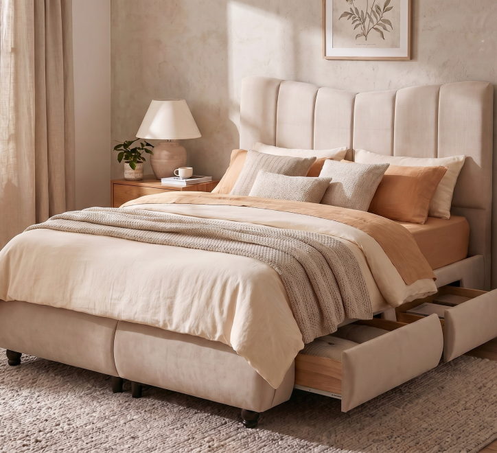 beige fabric drawer storage bed