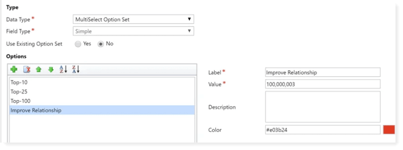 Multi select option set field creation