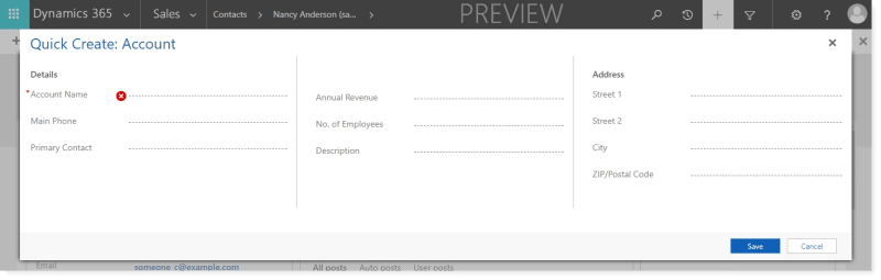 Quick create form