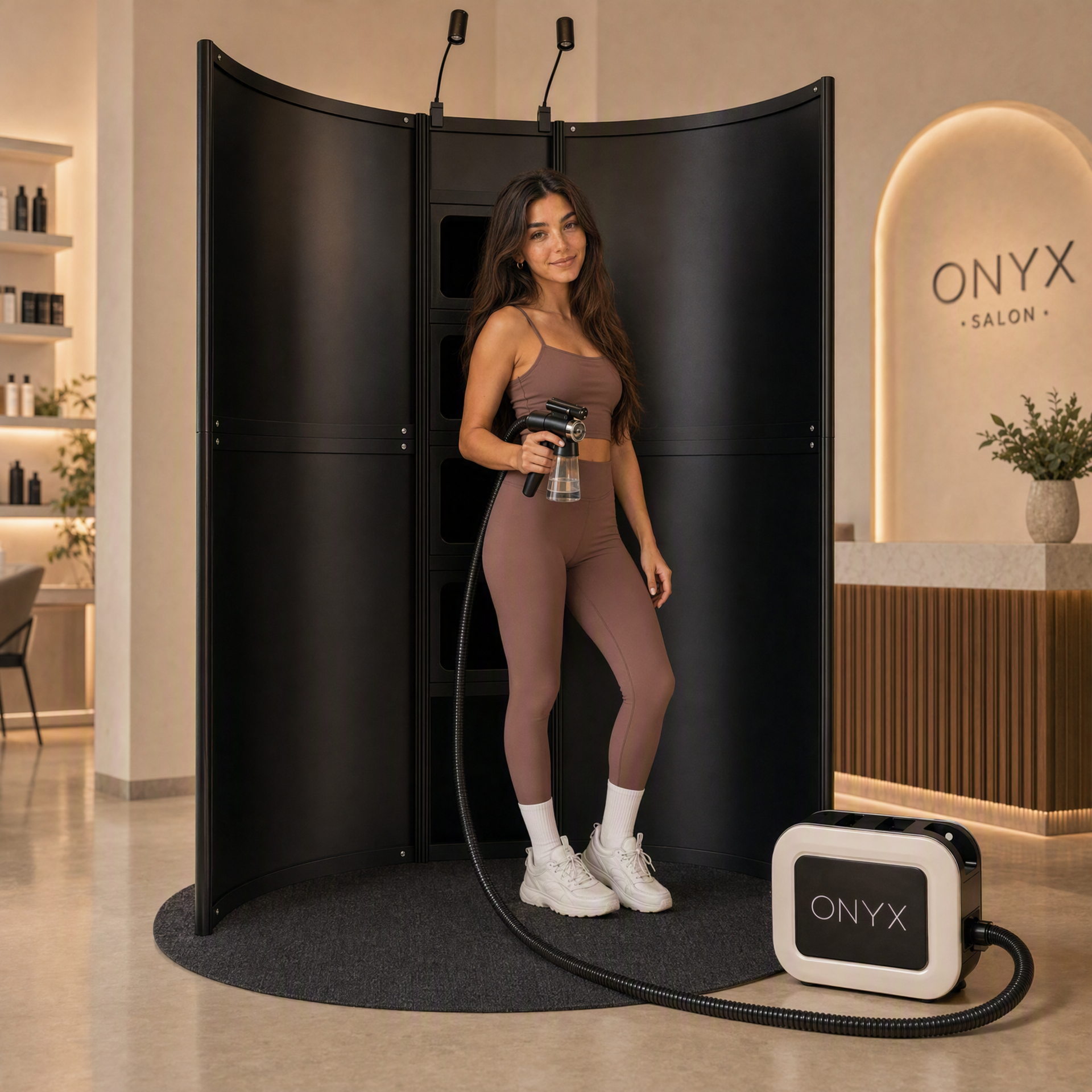 Spray tan technician working with professional spray tan booth