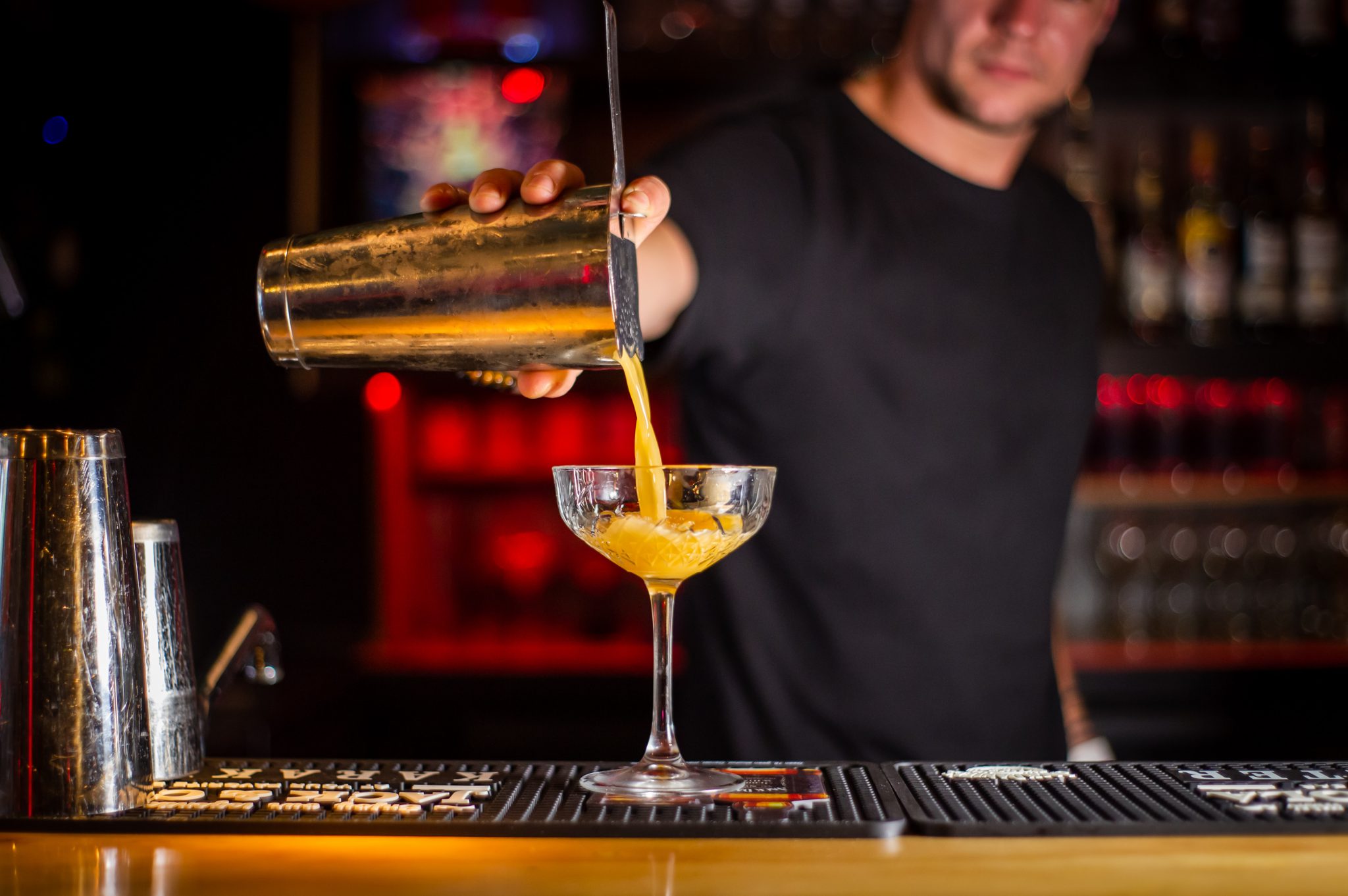 Man Near Cocktails On Brick Wall Background Barman Bartender Or Hipster Holds Bar Advertising Bar Menu Concept Stock Photo Image Of Barman Citrus 118781090