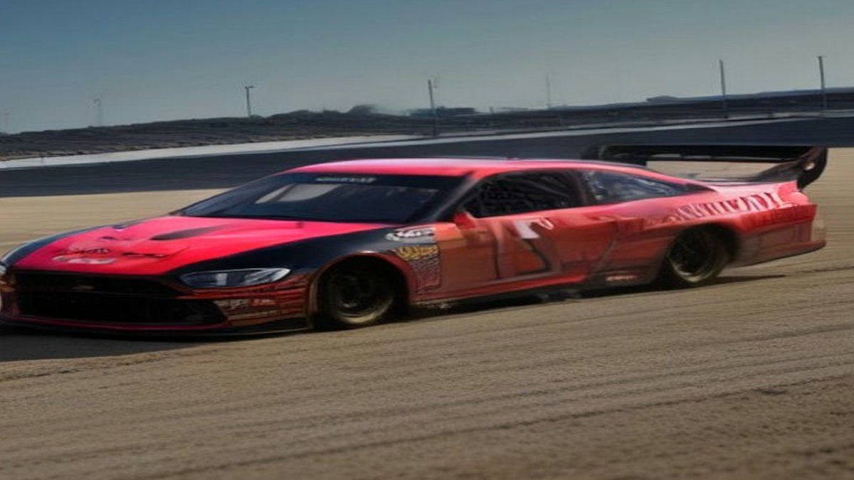 NASCAR racing track scene.