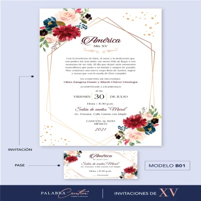 Diseño sencillo de invitación y pase 1 vista - XV Años