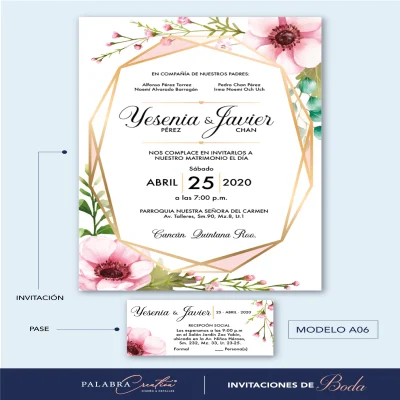 Diseño sencillo de invitación y pase 1 vista - Boda