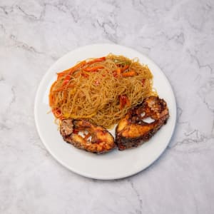 nutrition guide with Vegetable Singapore Noodles with Salt & Pepper Fish