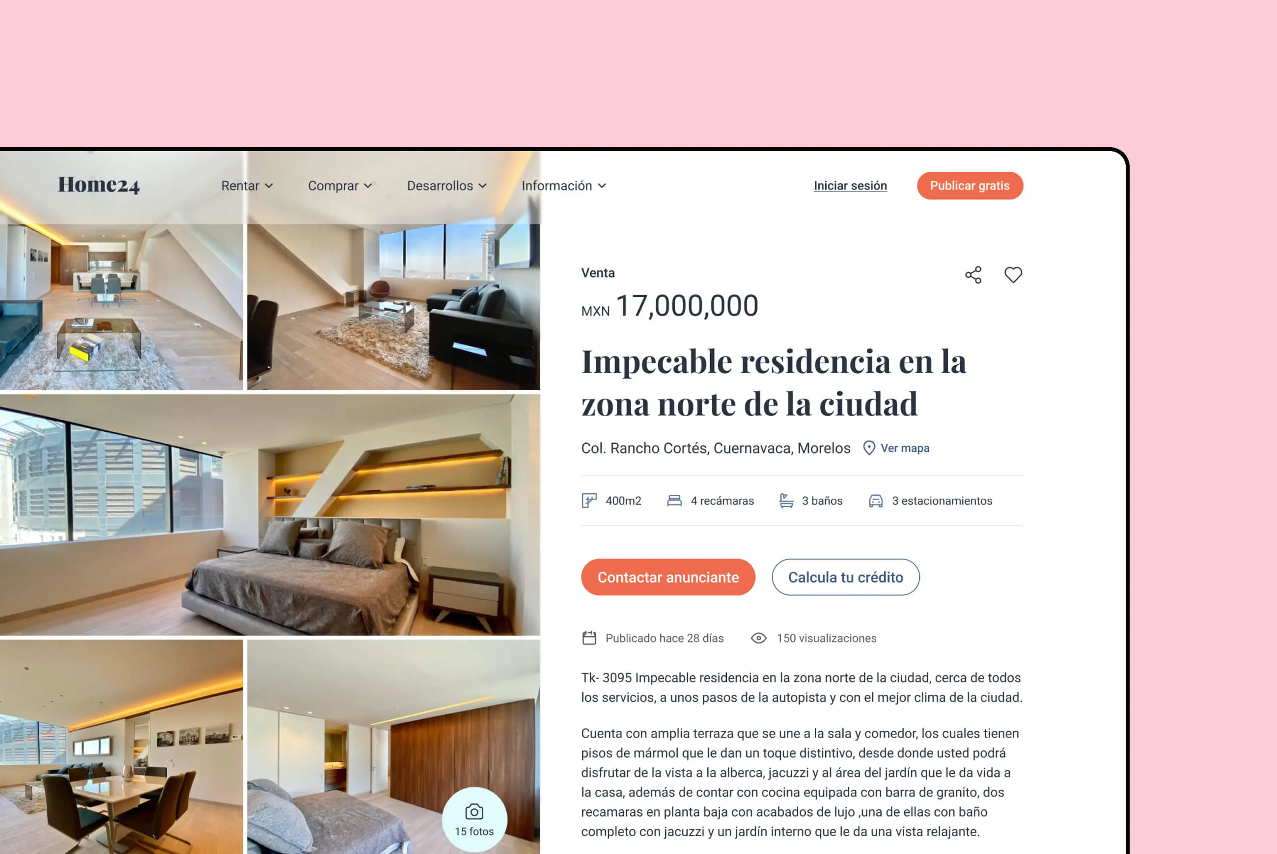 Individual detail page where you can see photographs of the property and all relevant information such as price, location, description and amenities.