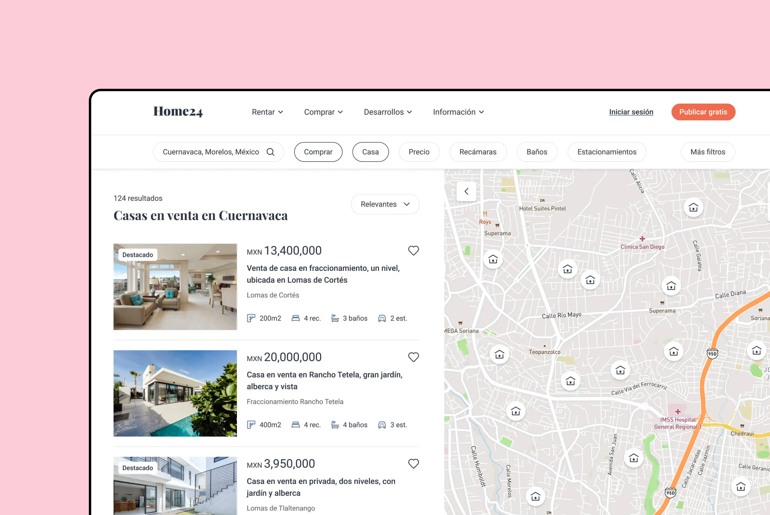 List of results that can be refined using various filters. They can also be located using the map.