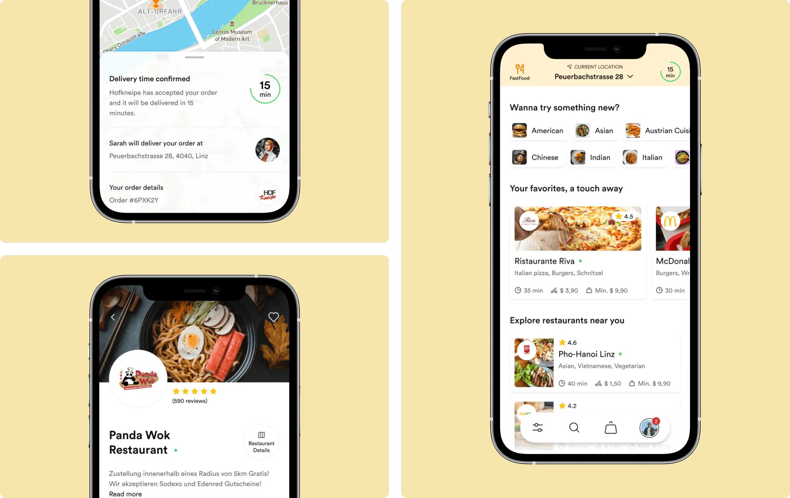 Relevant restaurants and food options on the home screen, useful information in the order tracking and restaurant details at a glance.