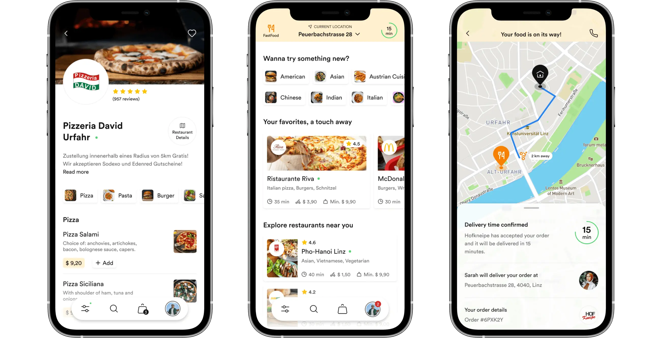 Complete view of a restaurant detail screen, list of restaurants and order tracking.