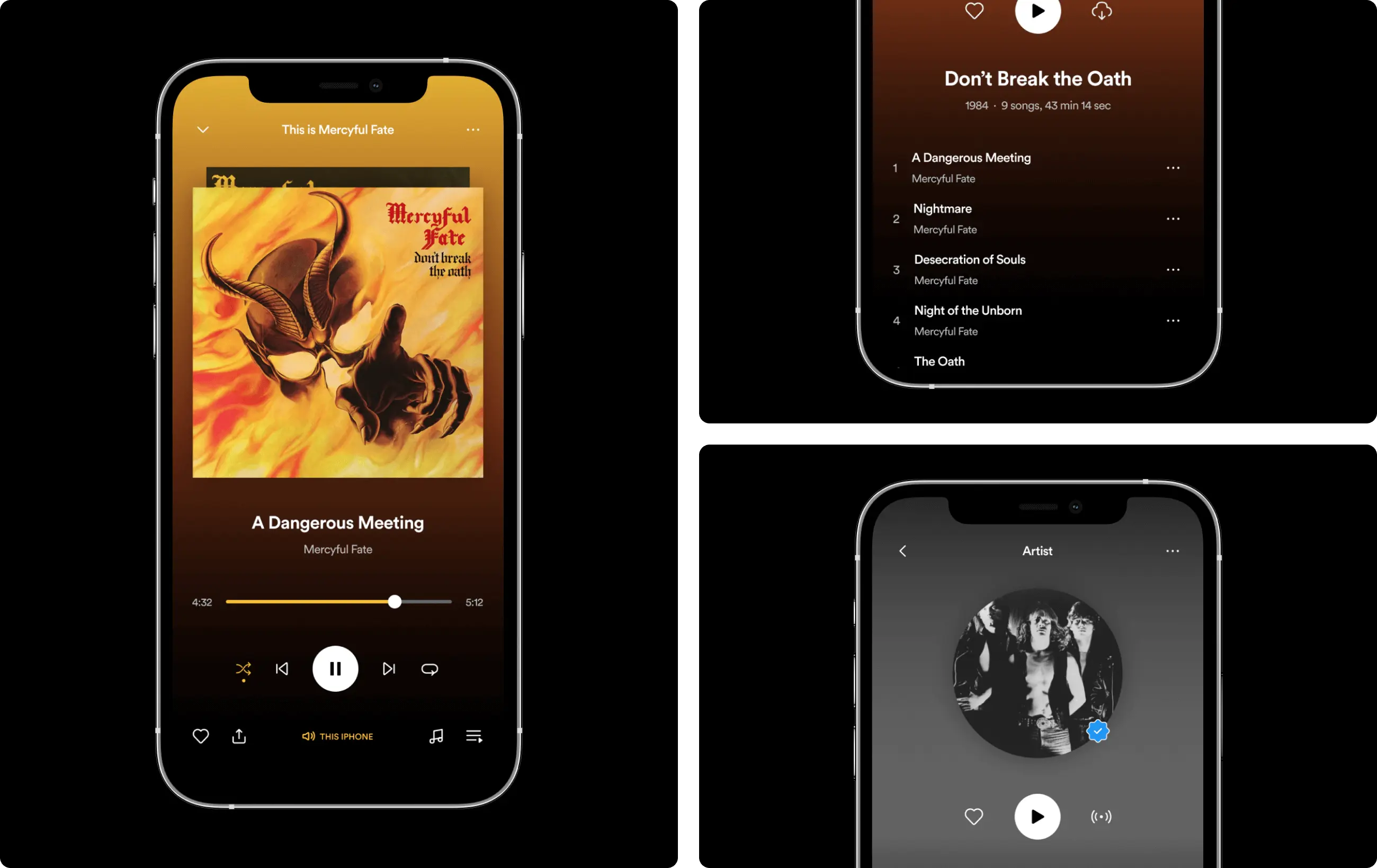 Close-up of the music player interface, album tracks and artist profile design.
