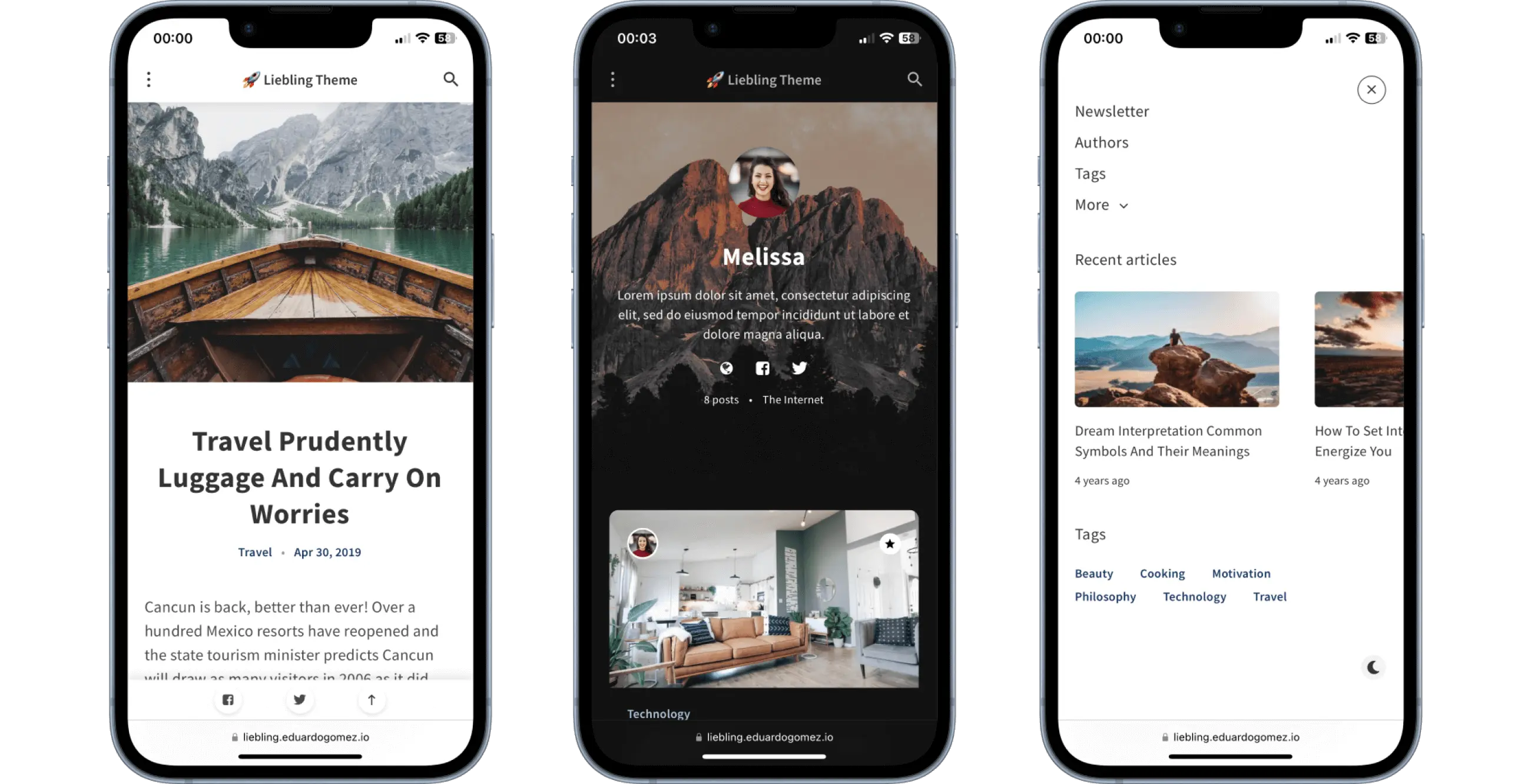 Screenshots of different sections of the theme viewed on a mobile device.