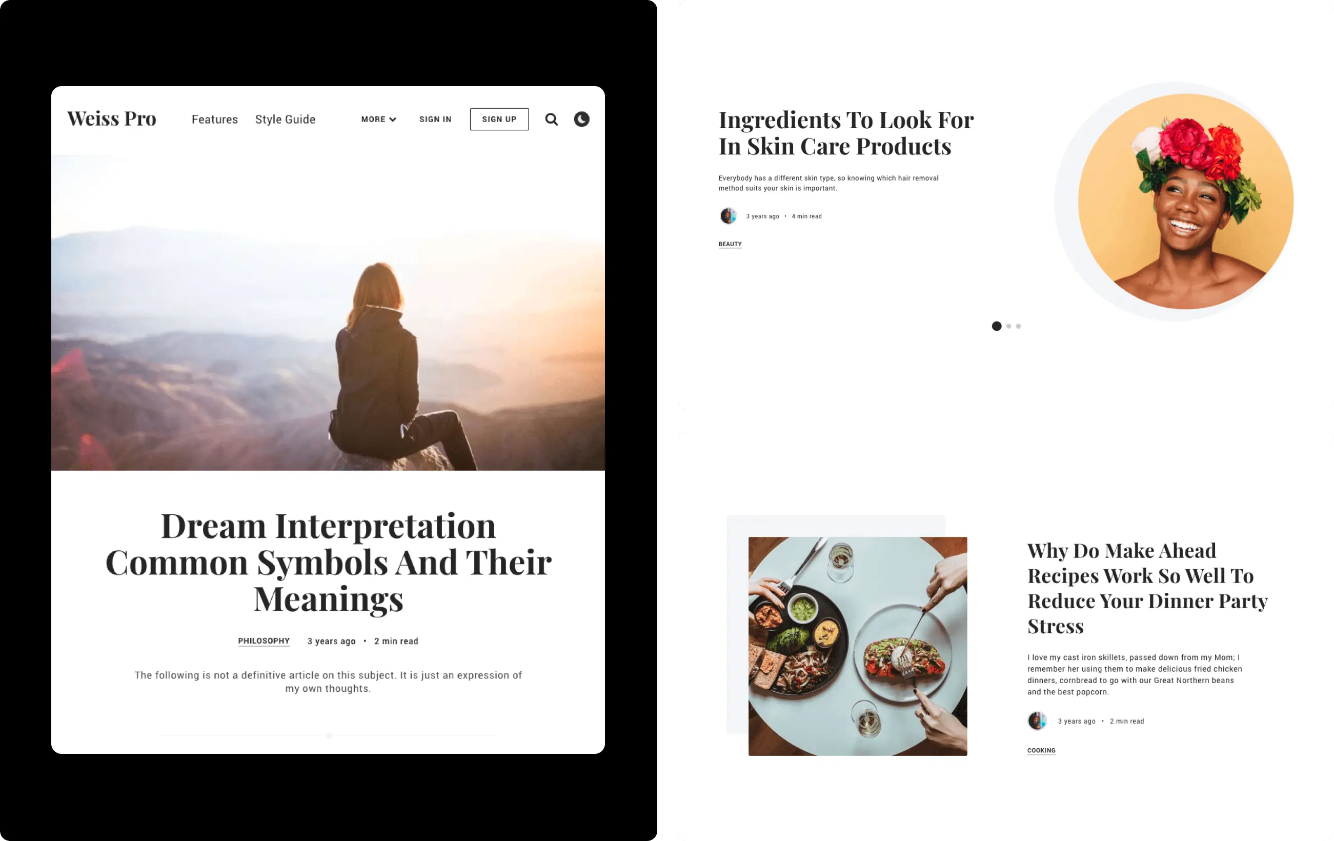 Three screens showing different ways of presenting the information of an article.