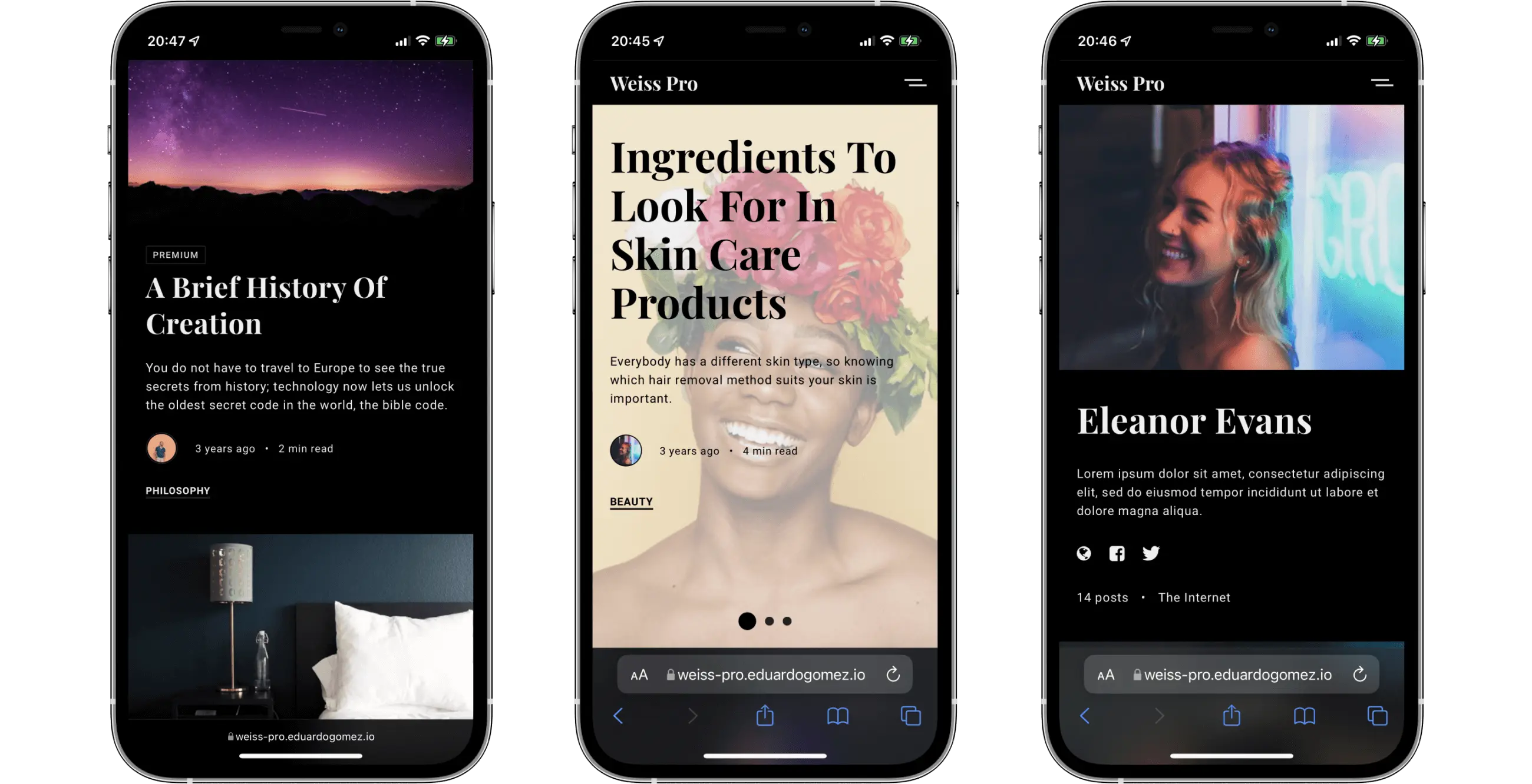 Three different screens of the theme with dark mode activated.
